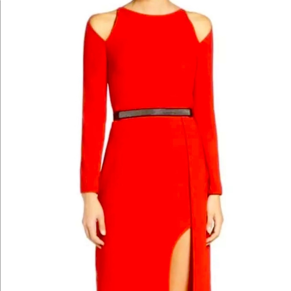Halston Heritage Red Belted Crepe Cold Shoulder Sheath Dress Sz 6